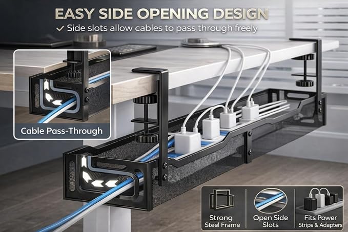 Under Desk Cable Management Tray – 25” Metal Cable Organizer with Clamp Mount, No Drill Wire Management Rack for Office & Home Desk (Black)