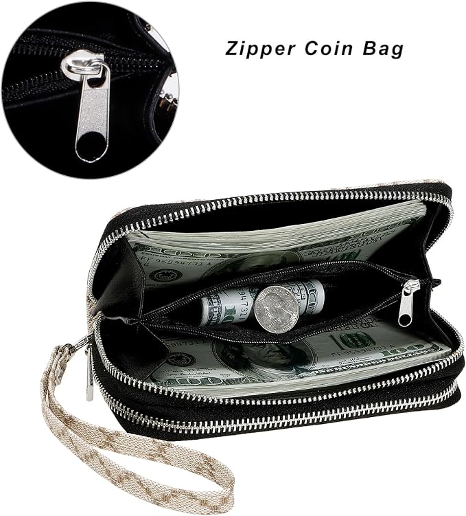 Cellphone Wallet for Women Dual Zipper Long Purse with Removable Wristlet