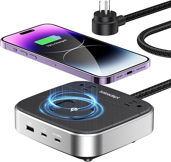 GaN Multi Charging Station 67W, 6 in 1 iPhone Charging Station with USB Ports, Wireless Charging, 2× AC Outlets, Desktop/Bedside/Nightstand Power Station, Hotel-Grade Design, Grey