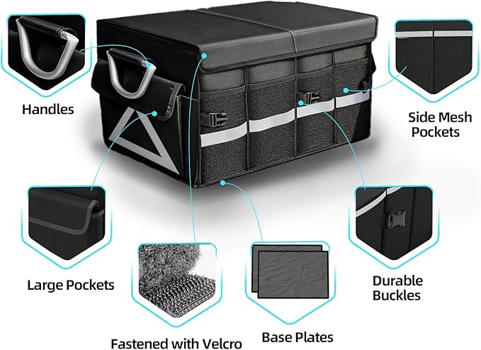 Trunk Organizer Wiith Lid For SUV, Truck, Car Trunk Organizer, Large, Black, 4-Compartments With Handle
