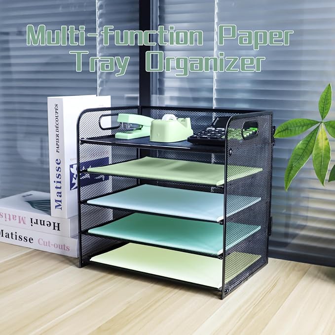 Paper Letter Tray with Handle, 5 Tier Metal Mesh Desk File Organizer, A4 Paper Desktop Filing Trays, Desk Tidy Magazine Document Holder for Home Office, Black