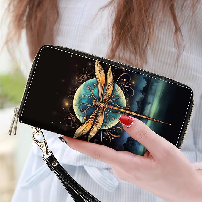 Women's Large Capacity Wallet PU Leather Double Zipper Clutch Purse Multifunctional Wallet with Removable Wristlet Strap for Smart Phone/Coin/Card/Cash - Dragonfly