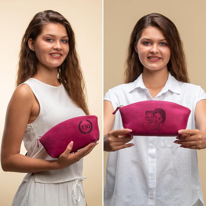 Blade Premium Personalized Genuine Leather Cosmetic Makeup Bag - Wedding Gift for Bridesmaid, Travel Organizer Clutch for Women with Zipper Pouch for Toiletry Essentials (Fuchsia)