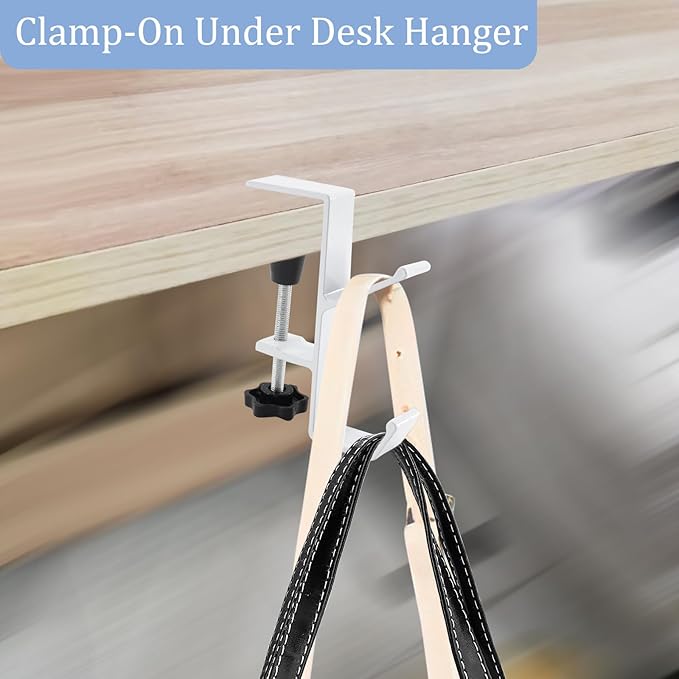 Desk Mount Bag Holder Hook Clamp,On Backpack Hanger Portable Desk Mount Headphones Holder for Reduce Desk Clutter Table Desk Table Hanging Storage (2 Pcs-Double Hook White)