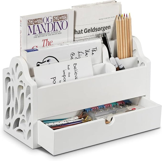 Desk Organizer with Drawer Wood File Office Mail Organizer Countertop-5 Slot Tabletop Storage Pen Organizer Letter Holder for School Home Office Supplies (White)