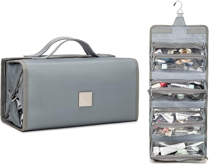 ROYALFAIR Roll Up Makeup Bag, Travel Toiletry Bag for Women with 4 Clear TSA Approved Pouches, Hanging Travel Organizer, Folding Cosmetic Bag for Men and Women