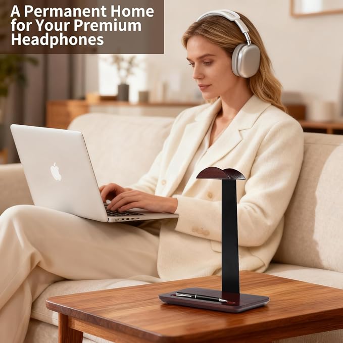 Walnut Headphone Stand with Pen Holder - Solid Wood Headset Stand for Desk, Wooden Headphone Holder and Executive Desk Organizer for Office, Compatible with AirPods Max, Sony, Bose Headphones, Brown