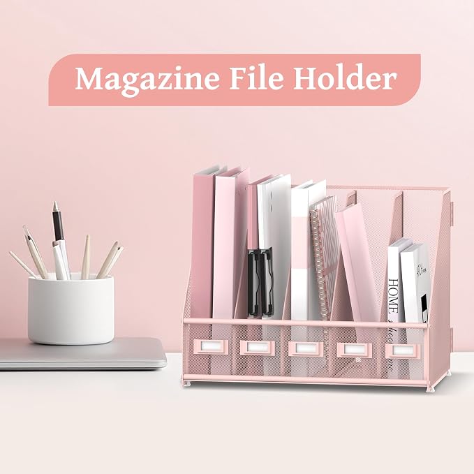 SUPEASY Desk Organizers Metal Desk Magazine File Holder with 5 Vertical Compartments Rack File Organizer for Office Desktop, Classroom, Home Workspace, Pink