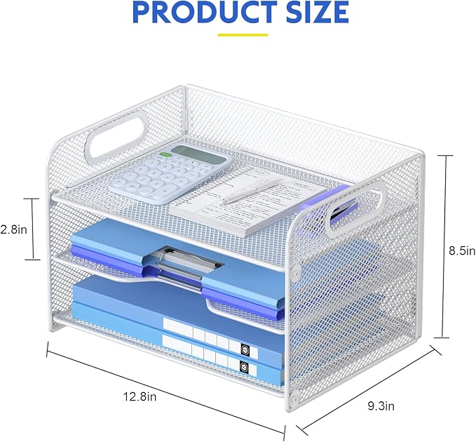 Samstar 3 Tier White Letter Tray Paper Organizer with Handle, Mesh Desk Organizer Paper Sorter File Rack Shelves, White