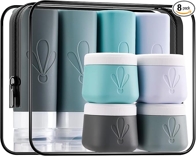INSFIT travel bottles for toiletries 8 Pack, Leak proof Travel Size Toiletries Containers with toiletry bag, Squeezable Silicone Bottles & Cream Jars, Travel Essentials BPA-Free kit for Shampoo