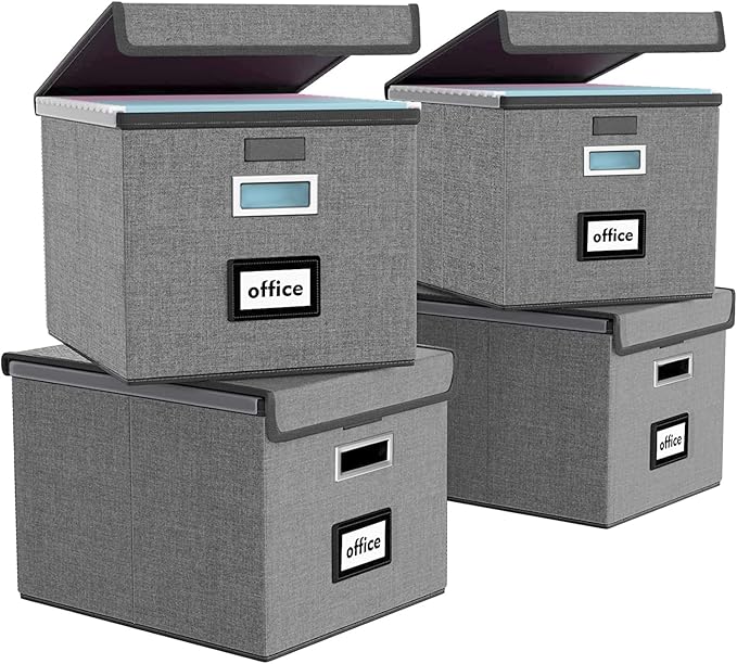 File Organizer Box with Lid, Collapsible File Folder Organizer for Office Document Storage, Filing Box with Plastic Slide for Letter/Legal Size Hanging Files, Dark Grey