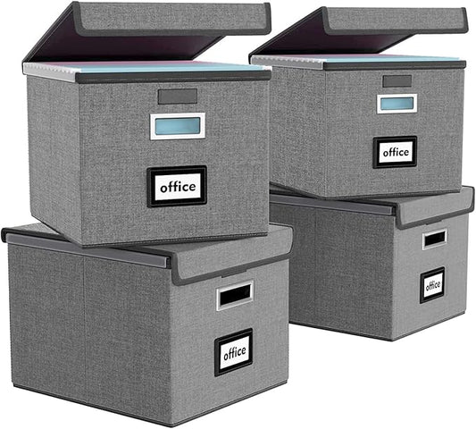 File Organizer Box with Lid, Collapsible File Folder Organizer for Office Document Storage, Filing Box with Plastic Slide for Letter/Legal Size Hanging Files, Dark Grey