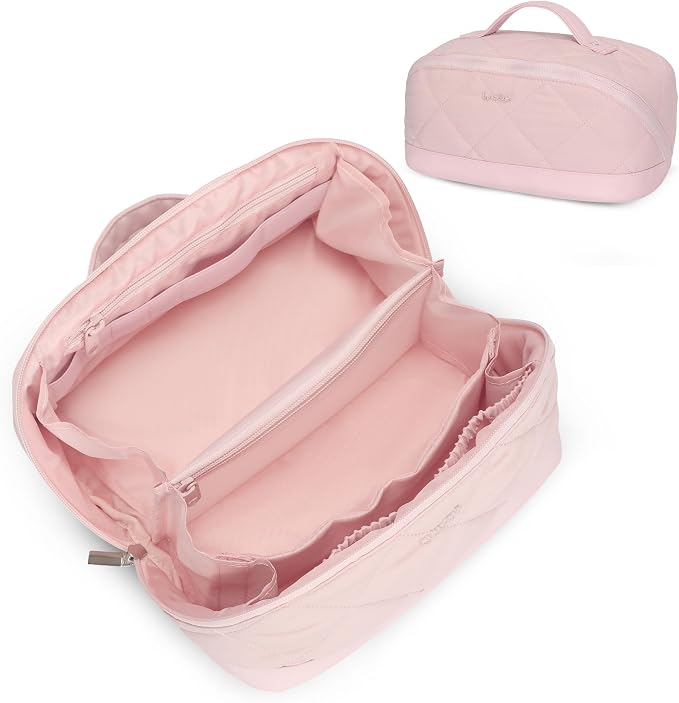 Hynes Eagle Travel Makeup Bag for Women Puffy Cosmetic Organizer Pouch Open Flat Toiletry Bag for Toiletries Brushes Structured Base Light Pink