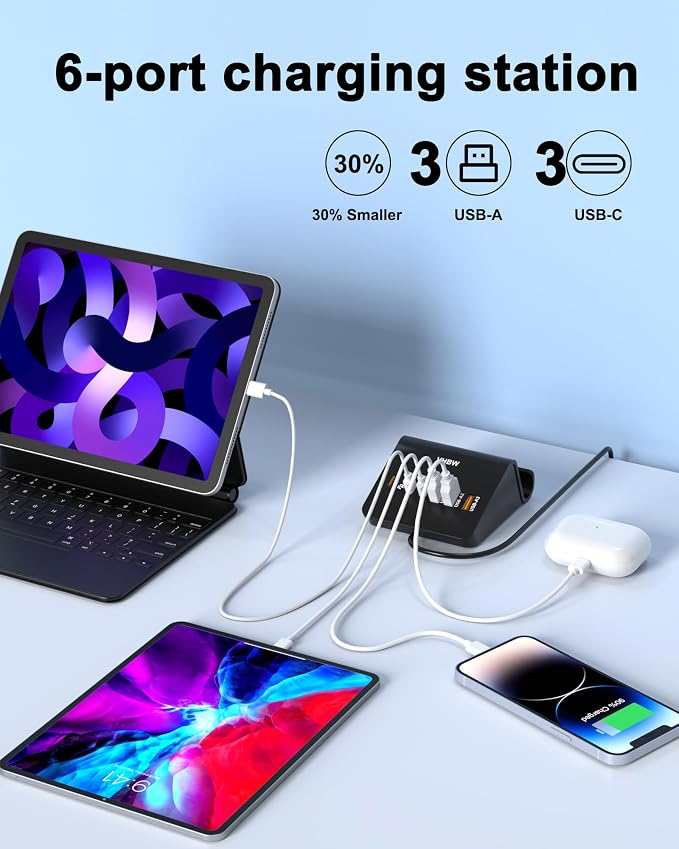 USB C Charging Station 35W, VHBW 6 Port 3A and 3C(1Port *USB-C PD20W Fast) Desktop Fast Charging Station for iPhone 14/13/12,Samsung Galaxy S23/S22/S21,etc