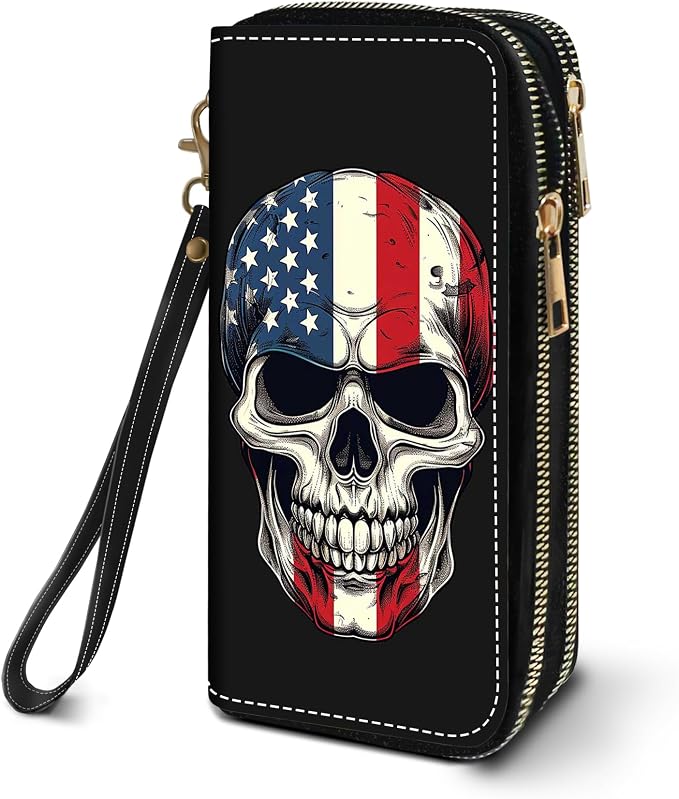 Women's Large Capacity Wallet PU Leather Double Zipper Clutch Purse Multifunctional Wallet with Removable Wristlet Strap for Smart Phone/Coin/Card/Cash - American Flag Skull