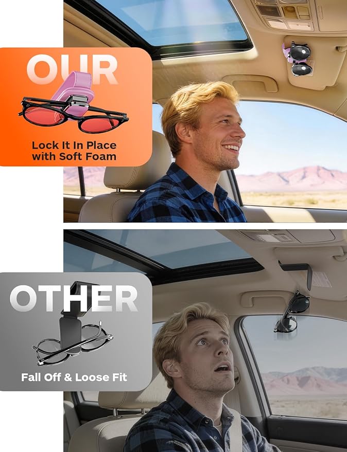 Sunglass Holder for Car Visor, One-Handed Operation Leather Sunglasses Clip with Soft Padding, Auto-Clamping Eyeglasses Organizer for Sun Visor, Universal Car Accessories (Pink)