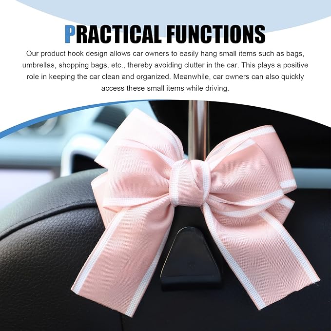 2 PCS Car Seat Headrest Hooks, Cute Bow Hooks Decor, High-Load Hanger for Purses Umbrellas, Car Interior Decoration Accessories for Women, Girls (Pink)