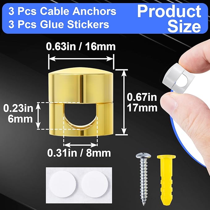 3 Sets Charger Holders for Cords, Adjustable Cable Anchor Holders, Adhesive Metal Cord Clips, Cable Management Wire Organizers for Desk, Office, Nightstand - Gold, White, Silver