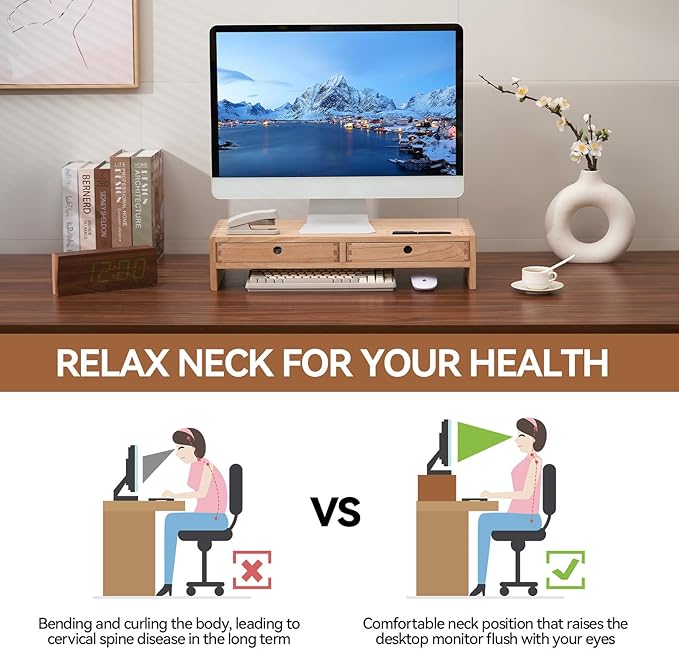 KIRIGEN Wood Monitor Stand with 2 Drawers, Solid Wood Computer Monitor Riser for Desk, Desktop Organizer Shelf with Cable Management, Pen Slots, Natural, No Assembly PMJ-NA
