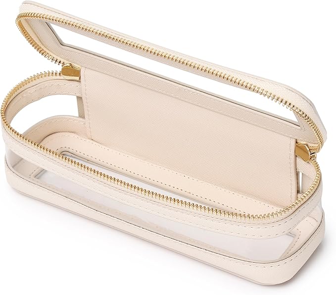 Pinkmik Makeup Brush Case Clear Travel Cosmetic & Toiletry Bag Slim Makeup Bag with Zipper Small Purse Organizer Car Essential Bag for Women (Beige, SLIM-1)