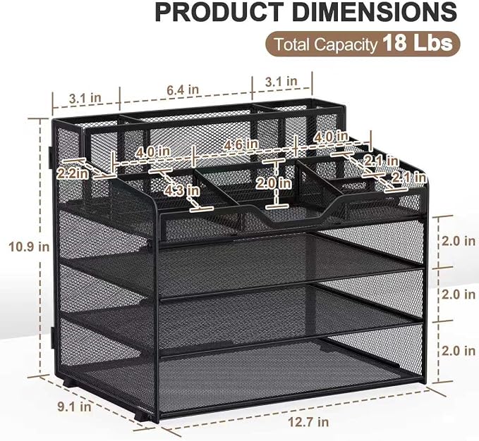 Docnest 4 Tier Mesh Desk Organizer, Multi-Functional Paper Letter Tray with 5 Adjustable Compartments & 3 Pen Holders - Space-Saving Desktop Storage for Office Files, Mail, Stationery - Black