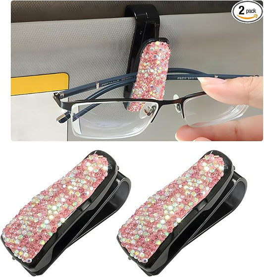 Wevdn 2 PCS Car Sun Visor Glasses Holder, Fashion Bling Car Eyeglasses Sunglasses Hanger for Women Girls, Glasses Holder Clip Hanger Mount with Ticket Card Clip, Car Accessories (Pink Colorful)