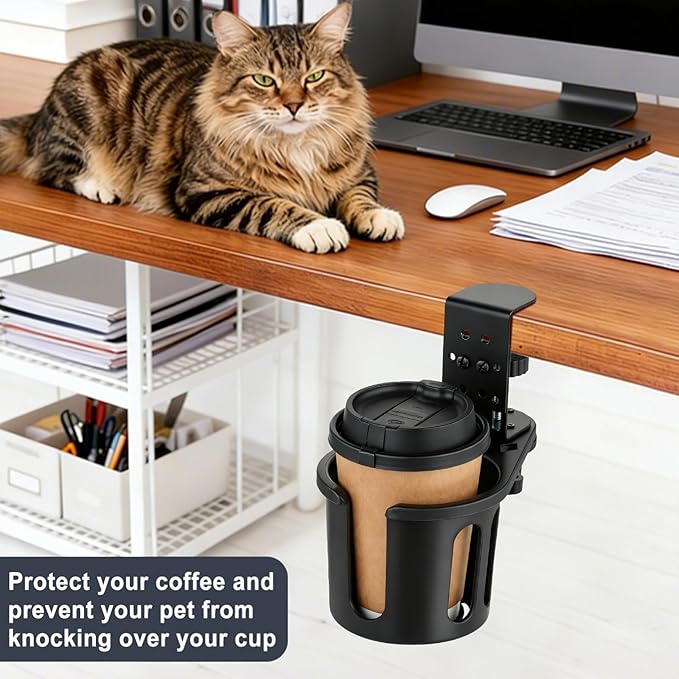 MYITYARD Desk Cup Holder Clamp, Clip On Table Cup Holder, Rotatable Water Bottle Stand Drink Coffee Mug Storage, Office Accessories for Home and School