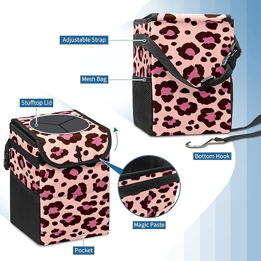 Car Trash Can Leopard Pink and Black Print Wate-rproof Auto Garbage Bag Car Trash Can with Lid Leak-Proof Car Storage Bag Hanging for Headrest Collapsible and Portable with Storage Mesh Pocket