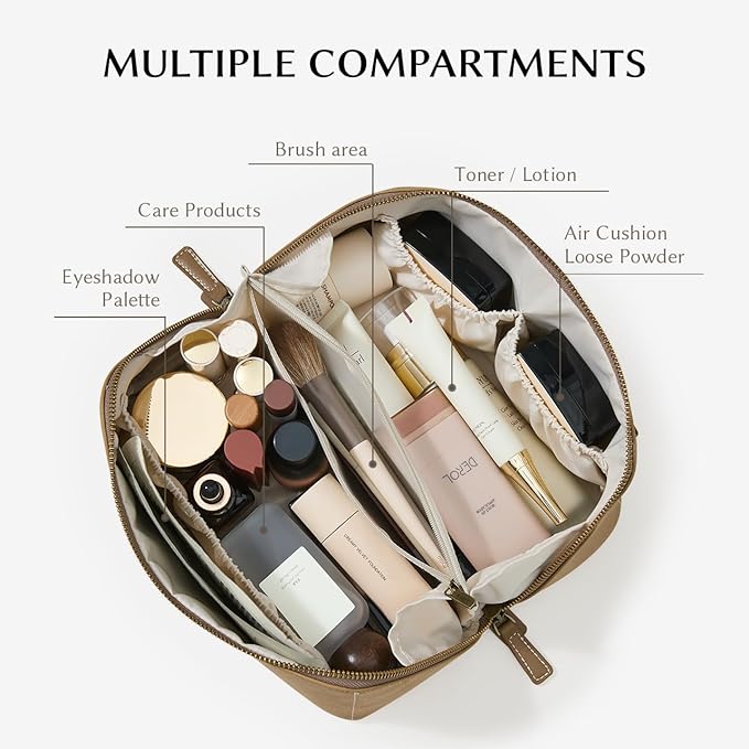 EACHY Travel Makeup Bag, Large Capacity Cosmetic Bag for Women, Waterproof PU Leather, Flat Open Portable Toiletry Bag for Skincare, Brushes & Travel Essentials