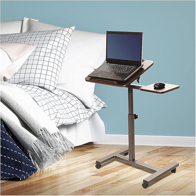 Seville Classics Airlift Height Adjustable Mobile Rolling Laptop Cart Computer Workstation Desk, Table for Home, Office, Classroom, Hospital, w/Wheels, Walnut, Tilt w/Side Table (28") (New Model)