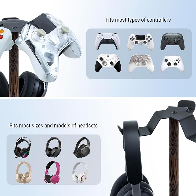 MyGift Industrial Matte Black Metal Headphone Stand with Burnt Wood Tray – Desktop Headset and Gaming Controller Holder for Office, Studio, or Console Setup