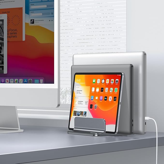 OMOTON Vertical Laptop Stand [Updated 3-Solts Version], Desktop Aluminum Mac Book Stand with Adjustable Dock Size, Fits All Mac Book, Surface, Chrome Book and Gaming Laptops (Up to 17.3 inch), Grey