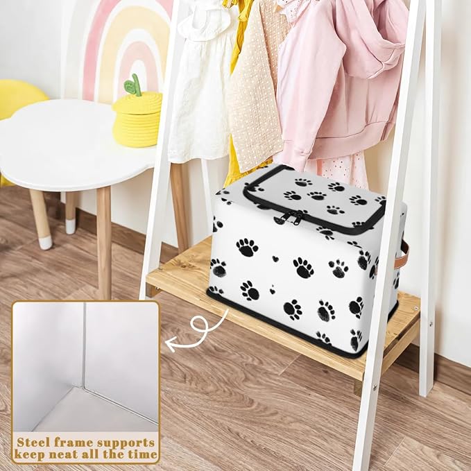 Dogs Footprints Storage Bins With Zipper Lid, Collapsible Trunk Organizer, Car Organizers and Storage Bins with Lids, Decorative Storage Boxes with Handle, Home Storage Baskets for Organizing