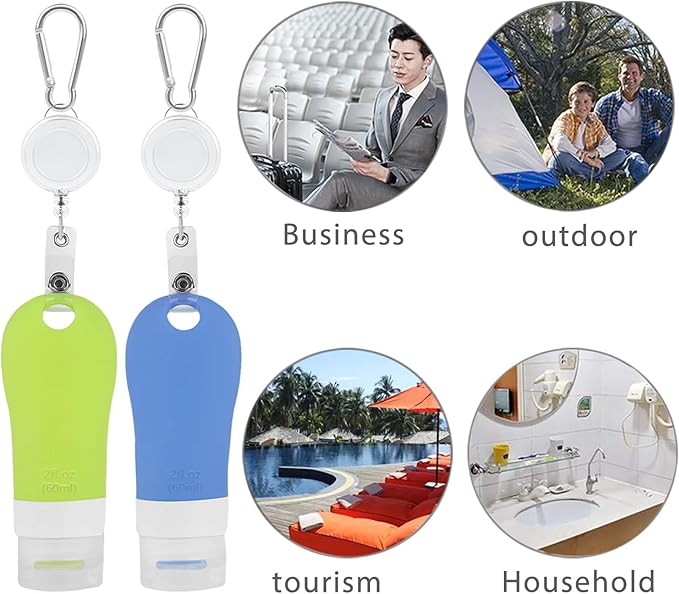 LUEXBOX 4 PACK Portable Travel Bottle Set, Leakproof Silicone Bottles with Stretchable Lanyard, Travel Sized Empty Liquid Bottles Container, Reusable, Squeezable and Refillable (Blue & Green)