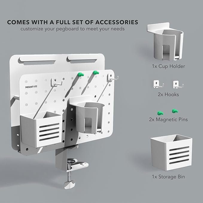 Mount-It! Desk Mounted Pegboard Organizer with 360° Rotation | Includes Cup Holder, Pen Holder, Hooks & Magnets | Clamp-on Desk Storage for Home Office, Workshop, Crafting Station (White)