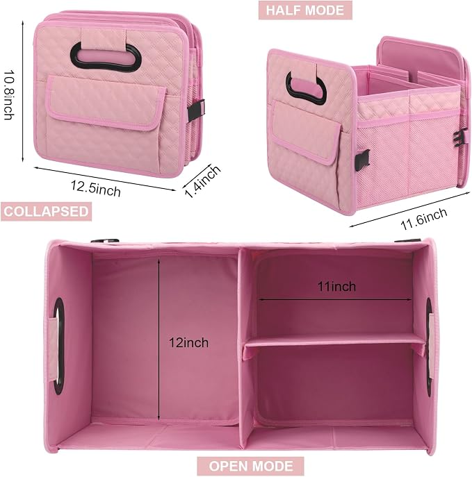 JiatuA Car Trunk Organizer for SUV, Car Storage Organizer Collapsible Multi Compartment Container Box, Adjustable Car Accessories for Women/Men, Pink