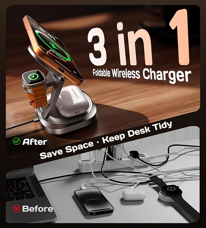 Qi2.2 25W 3-in-1 Wireless Charger for iPhone 17/16 Series, Foldable Wireless Charging Station Compatible with MagSafe, 360° Swivel Zinc Alloy Base for Apple Watch & AirPods (45W Adapter Included)