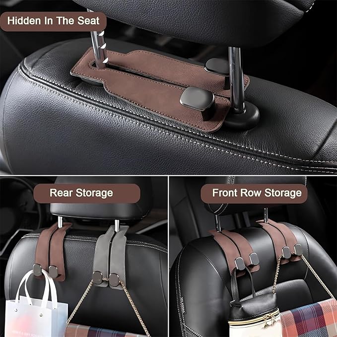 Car Purse Hooks, Car Hooks for Headrest, Leather Metal Car Hangers for Seat Double Hook, Multi-Functional Car Headrest Hook for Purses, Handbags