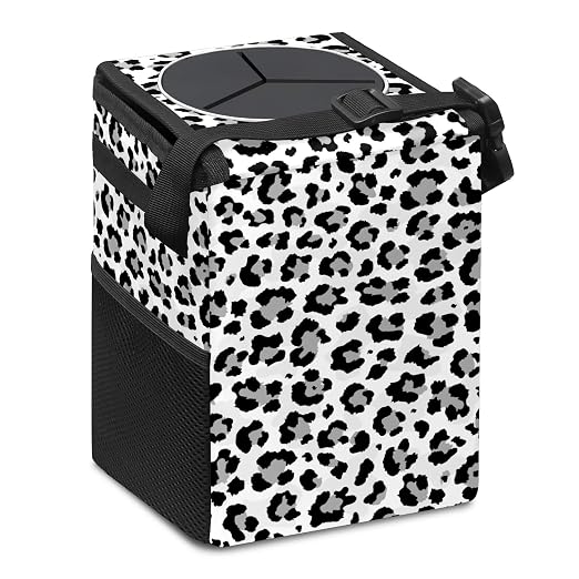 Black and Grey Leopard Trash Can with Lid - Collapsible Reusable Waterproof Garage Bag, Automotive Garbage Can, Car Accessories Interior Organizer