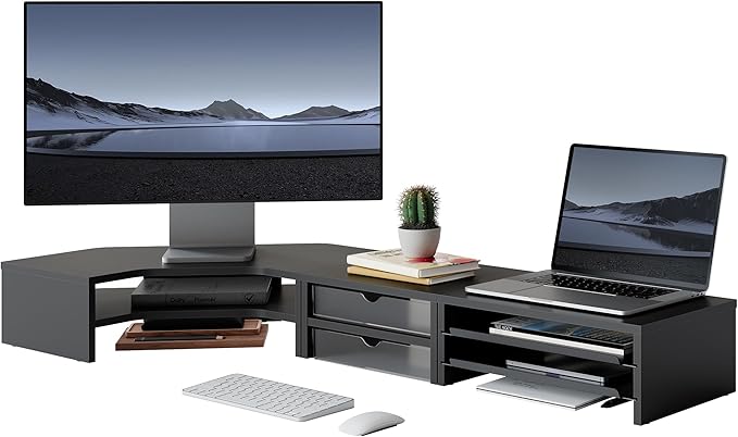 Fenge Dual Monitor Stand, Corner Monitor shelf with Drawer and Slide-Out Tray, 2 Tier Triangle Monitor Riser with Storage, Desk Shelf Organizer for Desk, Home Office, Computer, Laptop, Printer