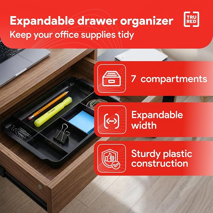 TRU RED Expandable Plastic Drawer Organizer, 7‑Compartment, Black – Adjustable Desk & Drawer Storage for Office Supplies