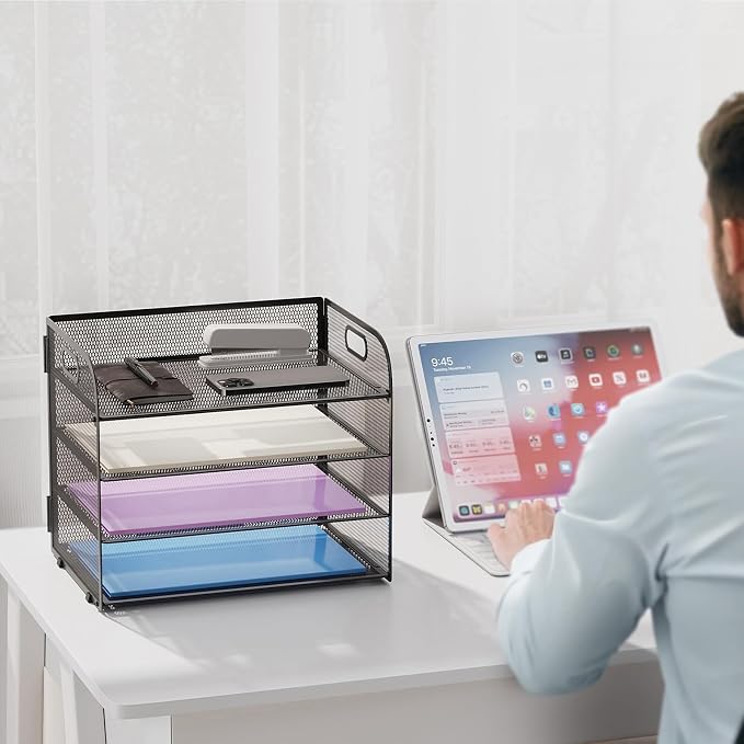 Marbrasse 2 Pack 4 Tier Paper Organizer Letter Tray - Mesh Desk File Organizer with Handle, Paper Sorter Organizer for Letter/A4 Office File Folder Holder (Black, 12.6" x 9.1" x 10.7")