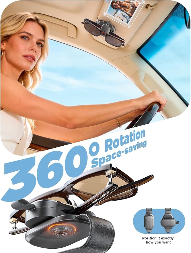 Sunglass Holder for Car, Chfeila 360° Rotating & One-Hand Operation Magnetic Glasses Clip, Leather Sun Eyeglass Visor Orgazizer, Scratch-Free Eyewear Hanger for Car Accessories Gadgets - Charcoal Gray