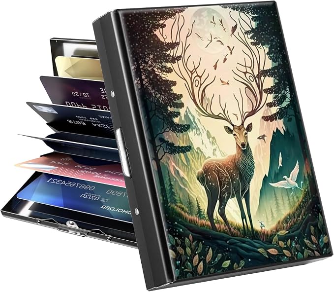 Metal Wallet, Credit Card Holder for Women Men Girls, RFID Blocking Aluminum Wallet Slim Hard Case, Mini Travel Wallet, ID Card Holder Business Card Case,Art Deer