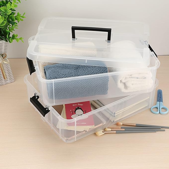 JUXYES 2-Tiers Stack Carry Storage Box With Handle, Transparent Stackable Storage Bin With Handle Lid Latching Storage Container for School & Office Supplies