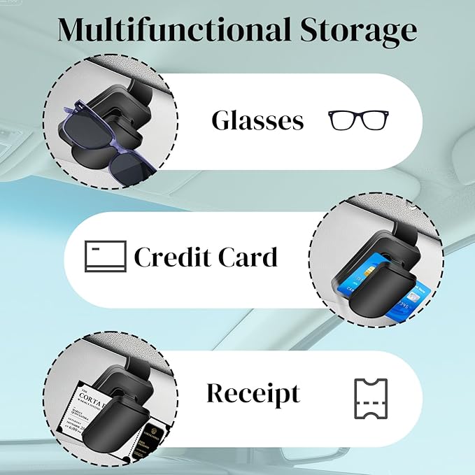 2 Pack Sunglasses Holder for Car, One-Handed-Operation Eyeglasses Organizer Sunglass Clip with Silicone Padded for Car Visor, Car Accessories Interior (Black+Sliver)