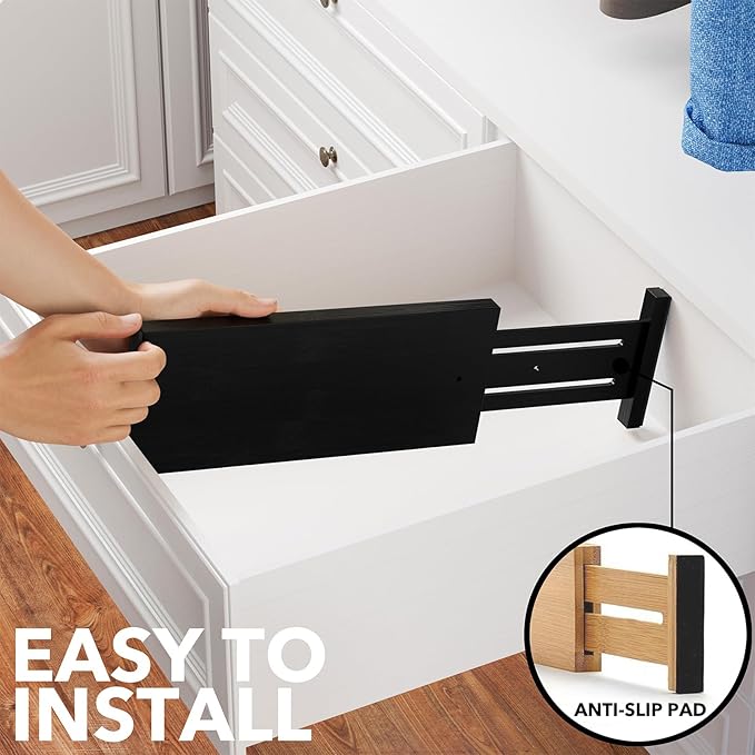 SpaceAid Bamboo 4 Pack Dresser Drawer Dividers, 4.65??High Adjustable 12.5??17??Drawer Organizers, Expandable Organization for Clothing, Clothes, Dressers, Black