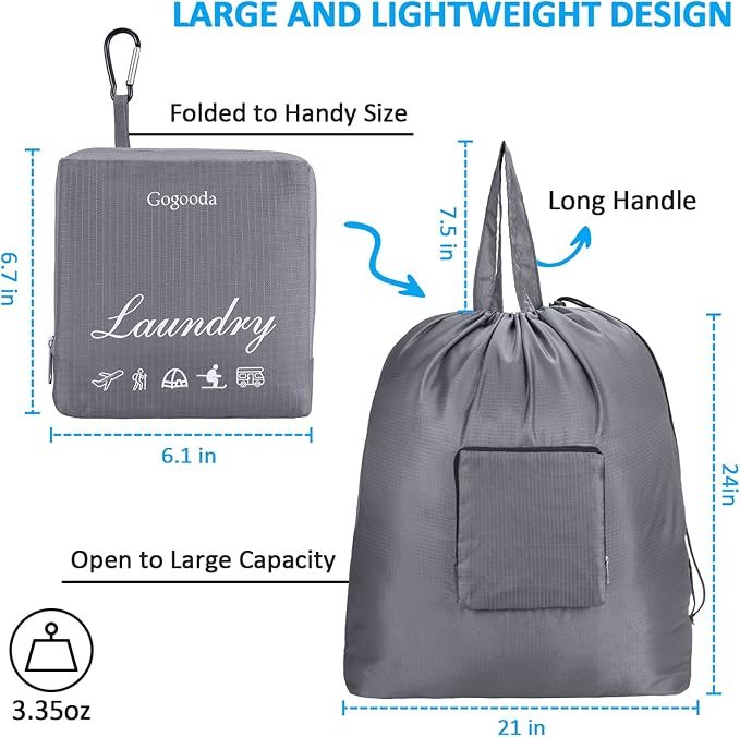 GOGOODA Travel Laundry Bags with Drawstring Closure XL Large Foldable Dirty Clothes bags with Handle Heavy Duty and Washable for College Dorm Travelling Camping, 2 Pack, Black & Grey