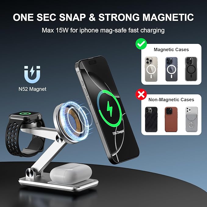 Wireless Charger 3 in 1,Foldable Wireless Charging Station for Apple MagSafe Charger,Aluminum Portable Magnetic Travel Charger Stand for iPhone,Watch,Aipods (with 20W Adapter & Case)