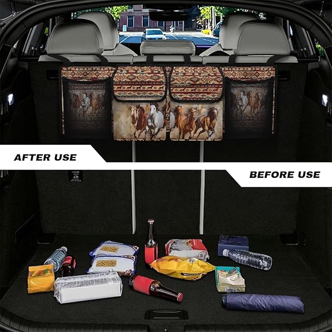Aztec Tribe Car Trunk Organizer,Backseat Hanging Organizer with 4 Large Storage Bag Super Capacity,Horse Brown Waterproof Trunk Storage Bag for SUV Not Easy to Fade Machine Washable